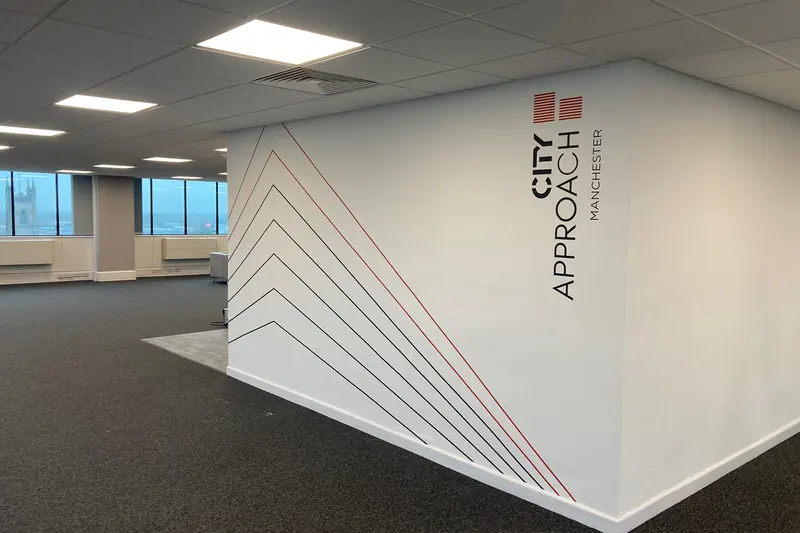 Large-format wall vinyl at City Approach, Manchester