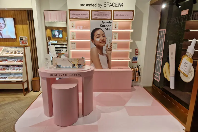 Beauty of Joseon activation presented by Space NK, with pink display fixtures and graphics