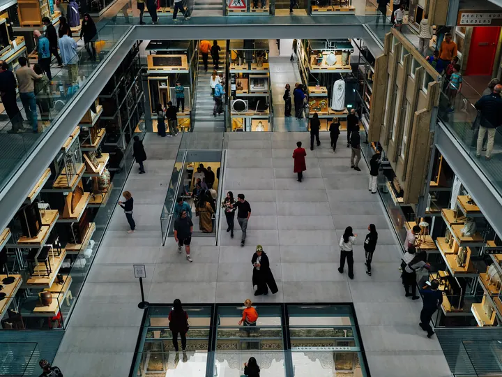 Multi-level department store atrium viewed from above