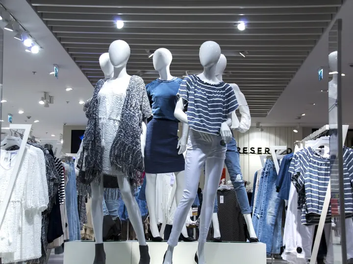 Mannequins and fashion displays inside a department store