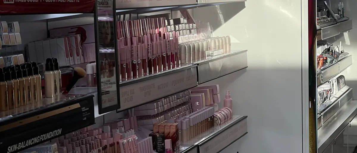 Beauty aisle with merchandised cosmetics displays in a health and beauty store