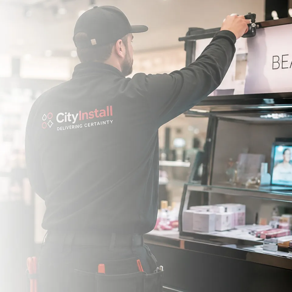City Install installer fitting campaign graphics to a beauty counter display in a department store